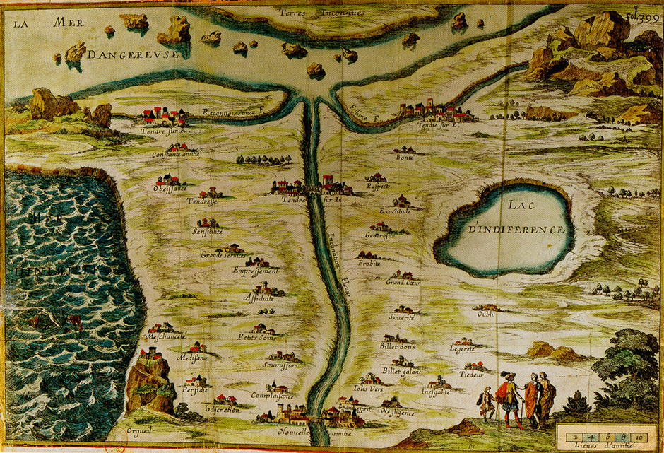 Carte du pays de Tendre, la mappa del tenero disegnata da Madeleine de Scudéry nel romanzo Clélie, 1654. Incisione di Francoise Chauveau.